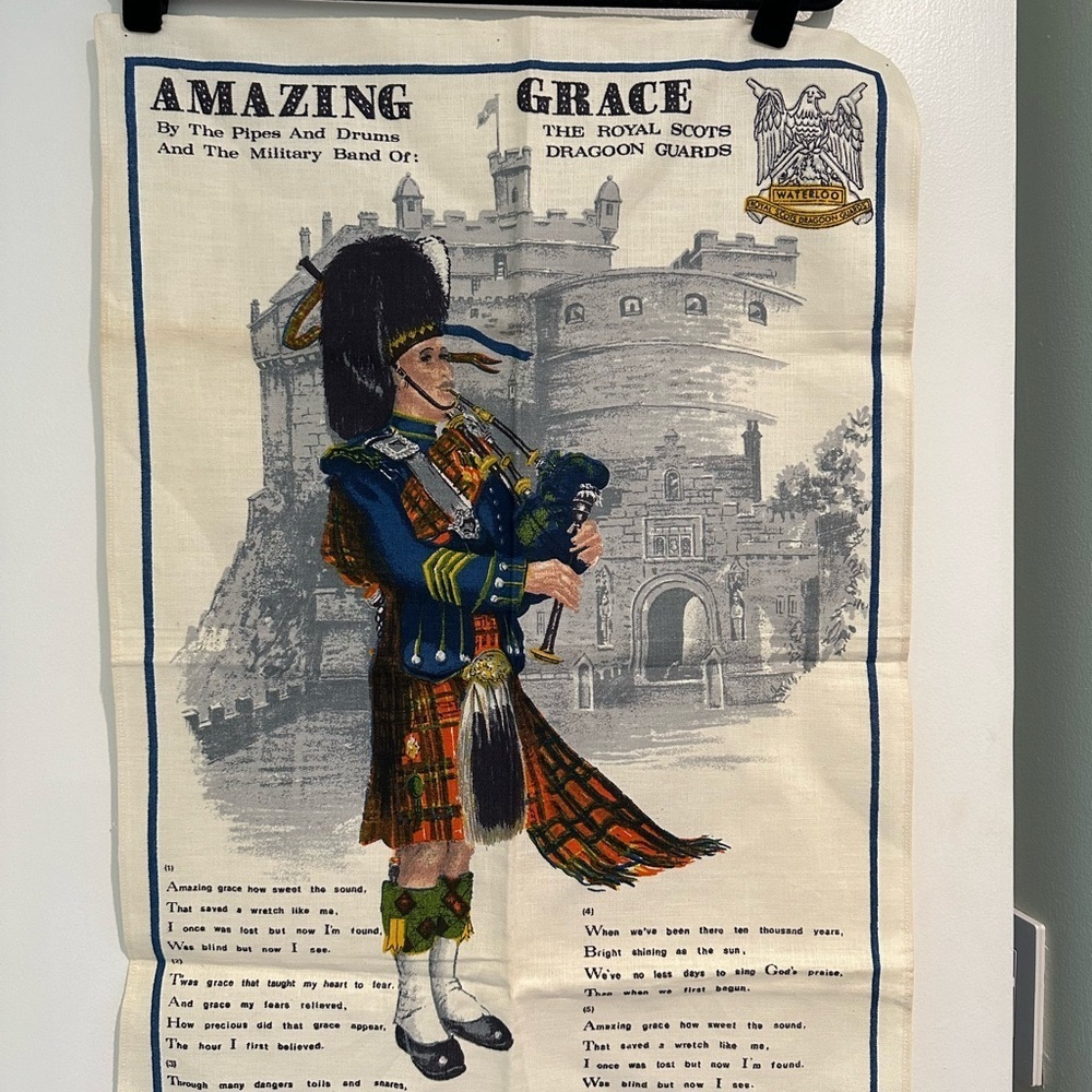 Vintage Linen Tea Towel Royal Scots Dragoon Amazing Grace Waterloo